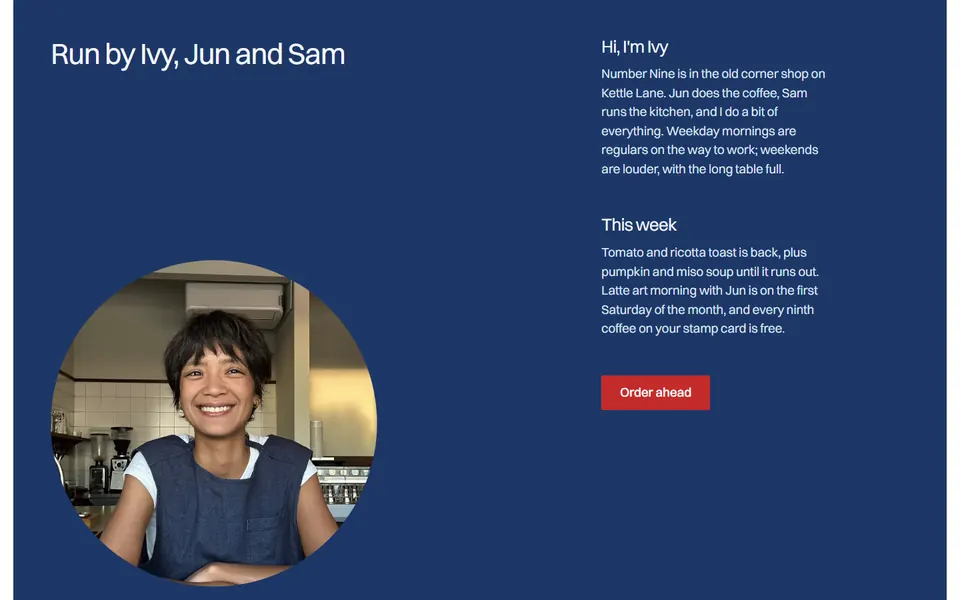 A navy panel about the people who run the café, with a round portrait of the owner