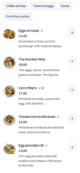 The menu on a phone: each dish with a small photo, its price, dietary marks and a plus button